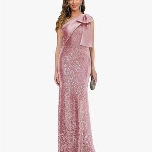 One-Shoulder Pink Sequin Evening Gown with Bow Detail